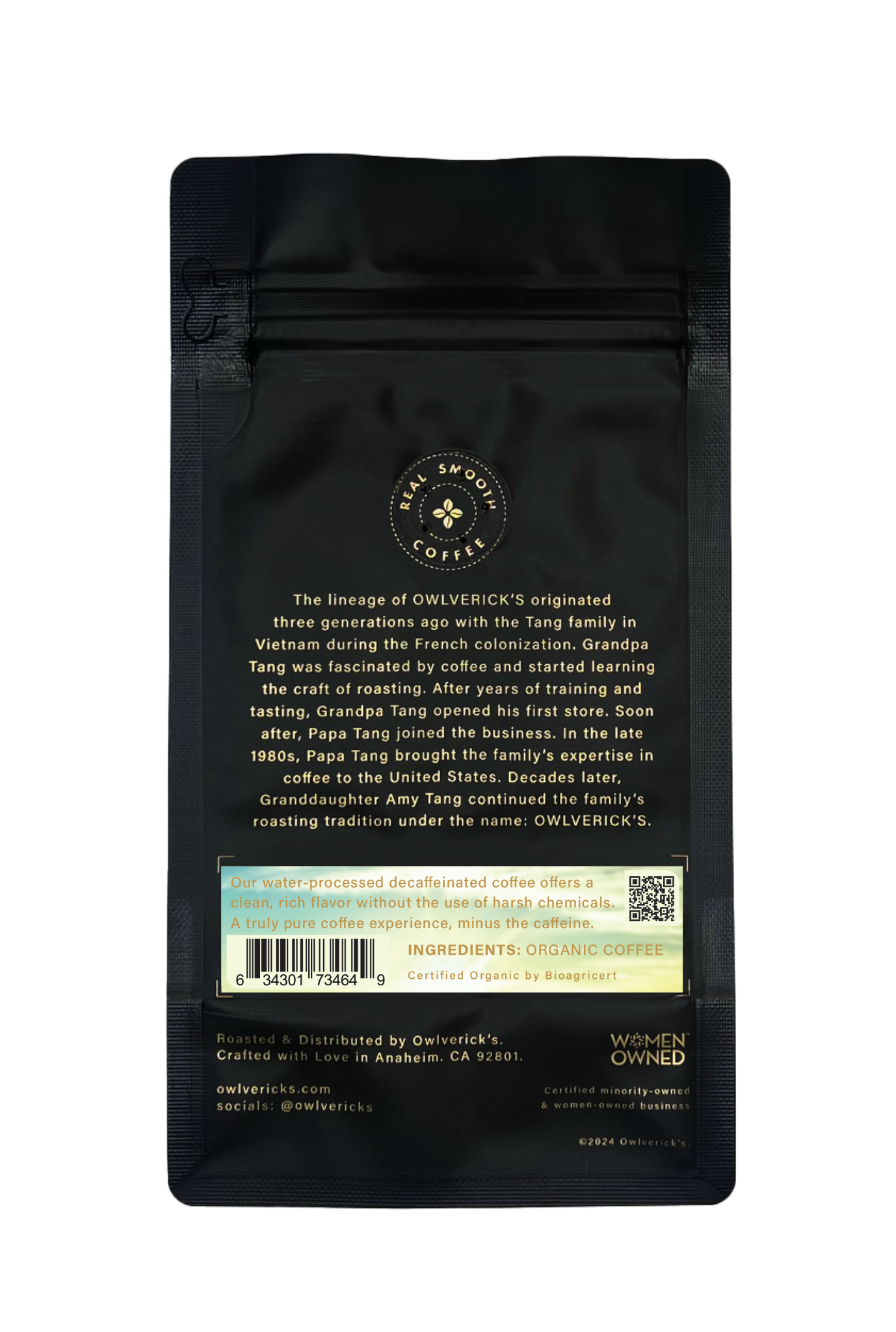 Daybreak Decaf Coffee Bag (Back) with small coffee flower design