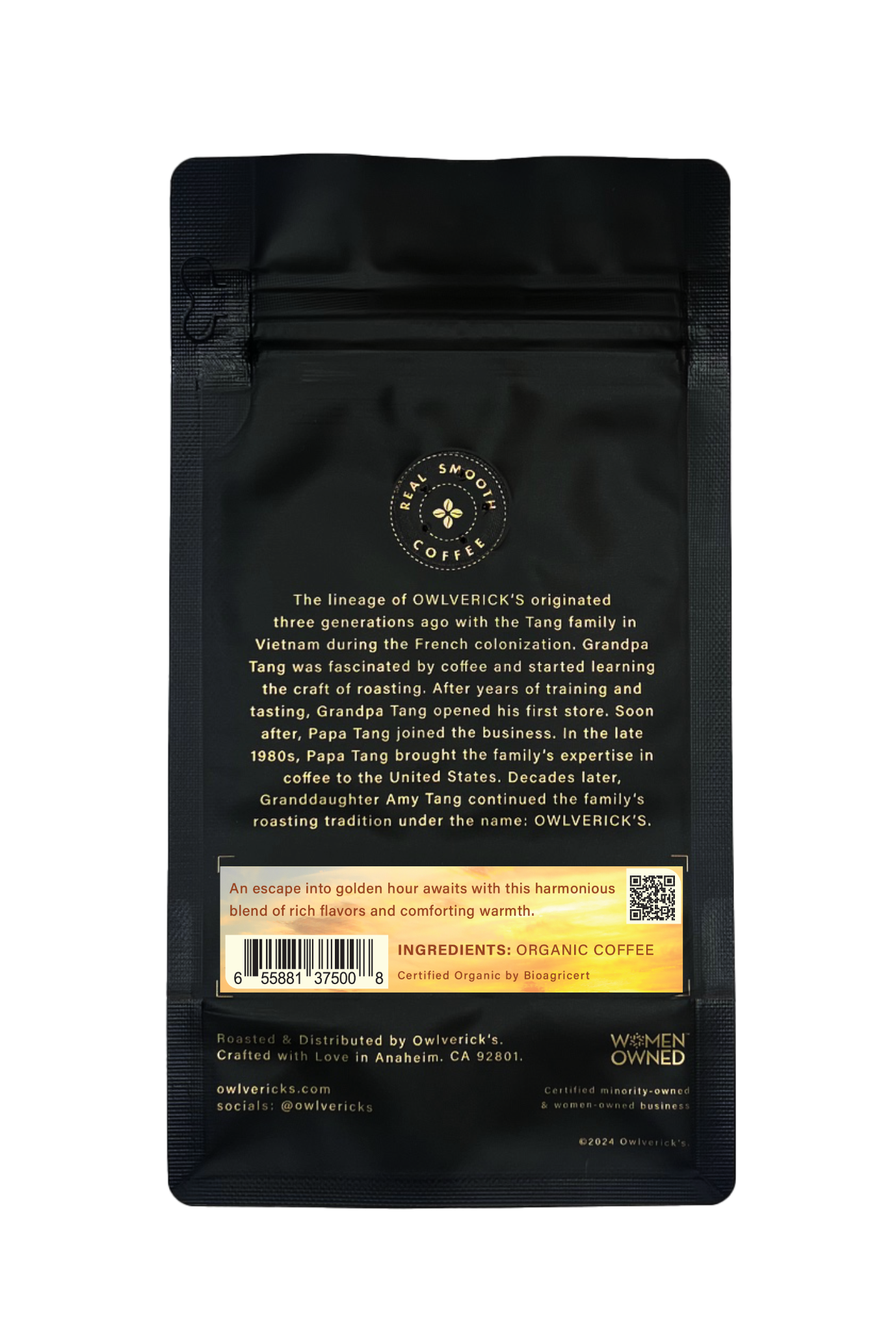 Golden Hour Coffee Bag (Back) with small coffee flower design