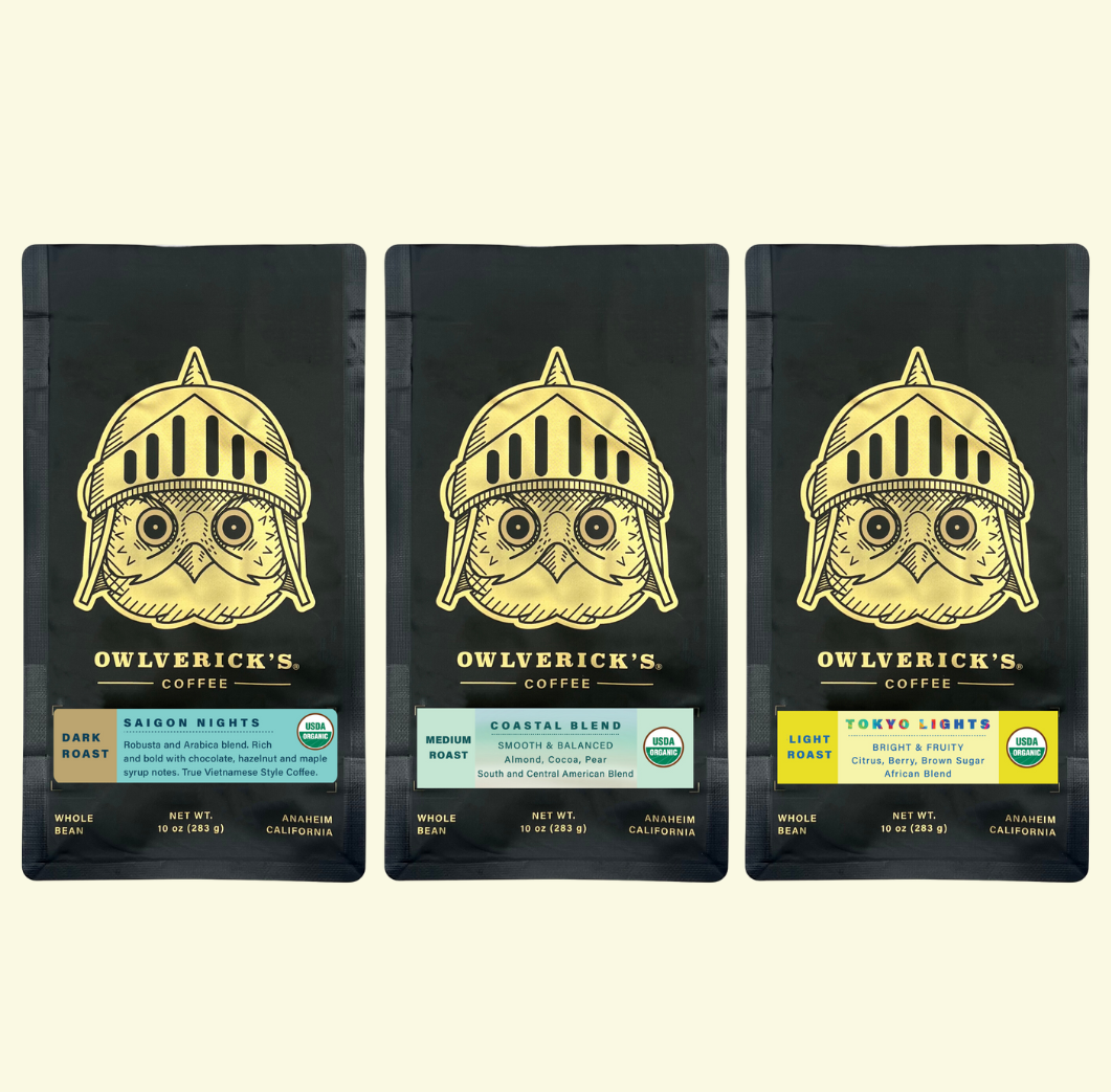 Saigon Nights Coffee Bag on Left, Coastal Blends Coffee Bag in the middle and Tokyo Lights Blend Coffee Bag on the Right