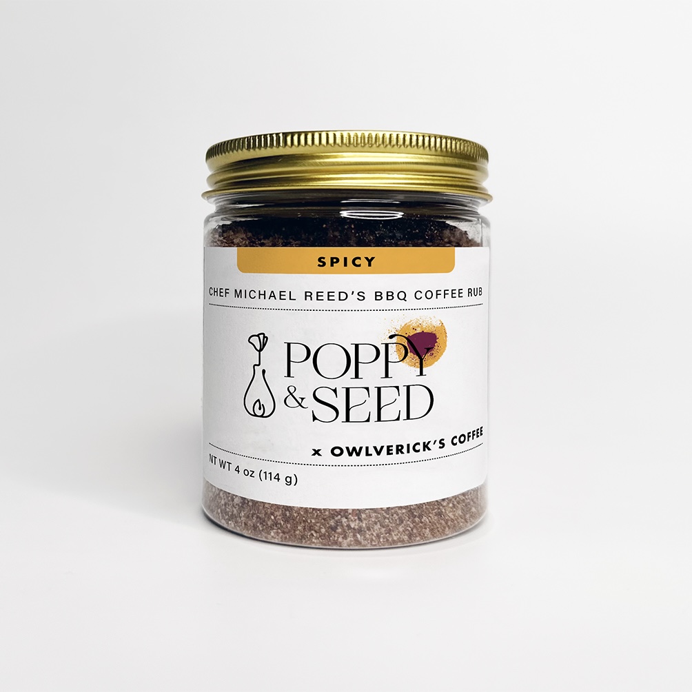 Spicy BBQ Coffee Rub Can with Poppy and Seed Logo