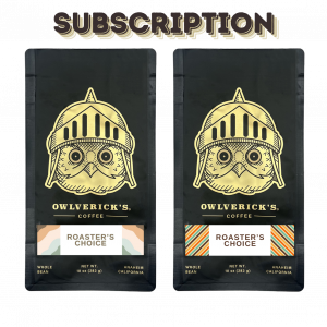 Subscription Image Coffee Subscription Image with two coffee bags with large owl designs labeled as "Roaster's Choice"