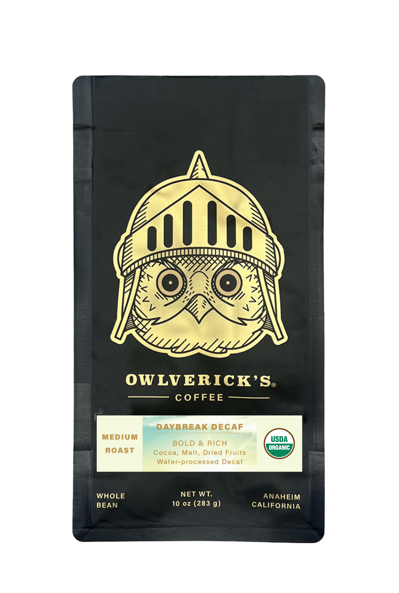 Daybreak Decaf Coffee Bag (Front) with Large Owl Design