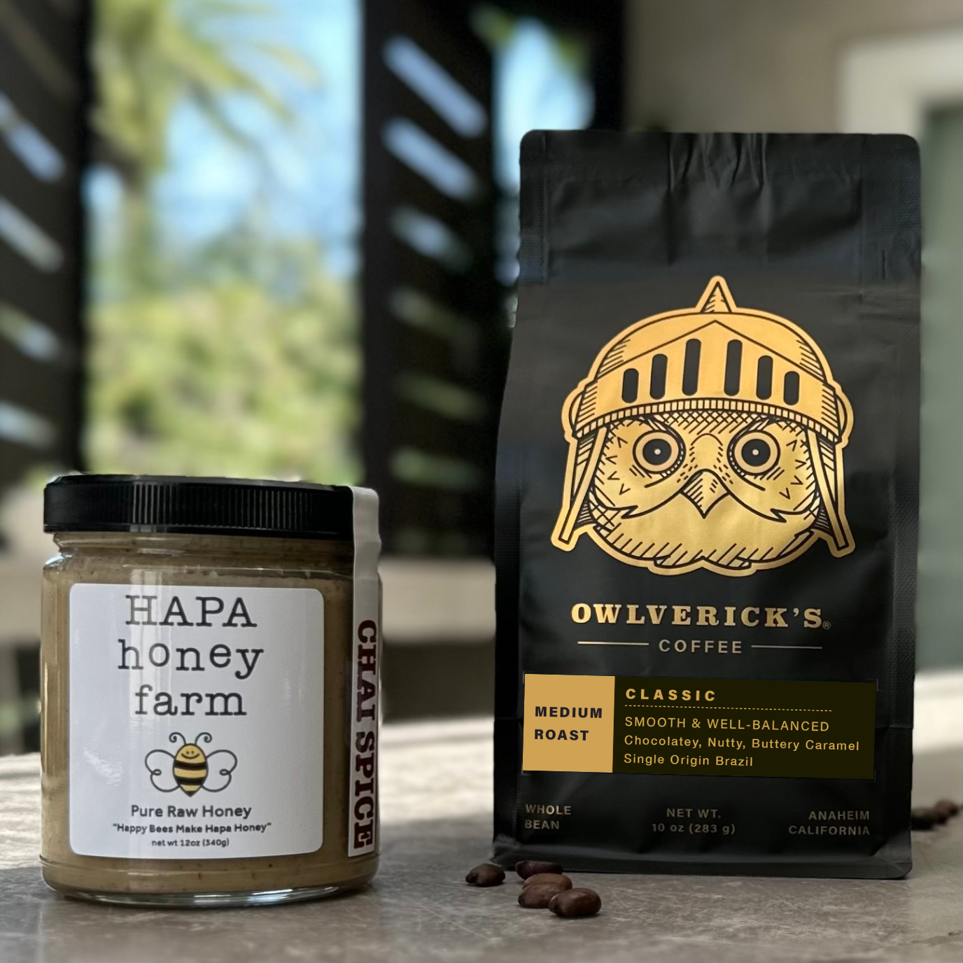 Jar of Hapa Honey Chai Spice Creamed Honey and Owlverick's Classic Coffee