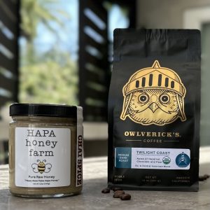 Jar of Hapa Honey Chai Spice Creamed Honey and Owlverick's Coffee Twilight Coast Coffee