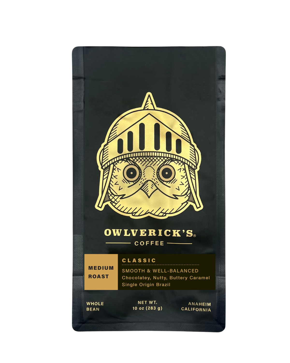 Classic black coffee bag with gold color owl head design