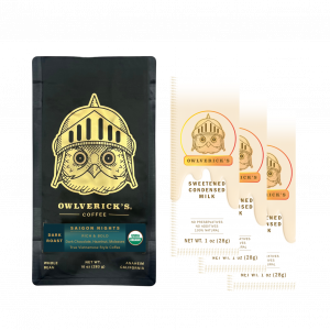 Photo of Vietnamese Coffee Hack Bundle that includes one bag of Saigon Nights coffee and multiple condensed milk singles packets